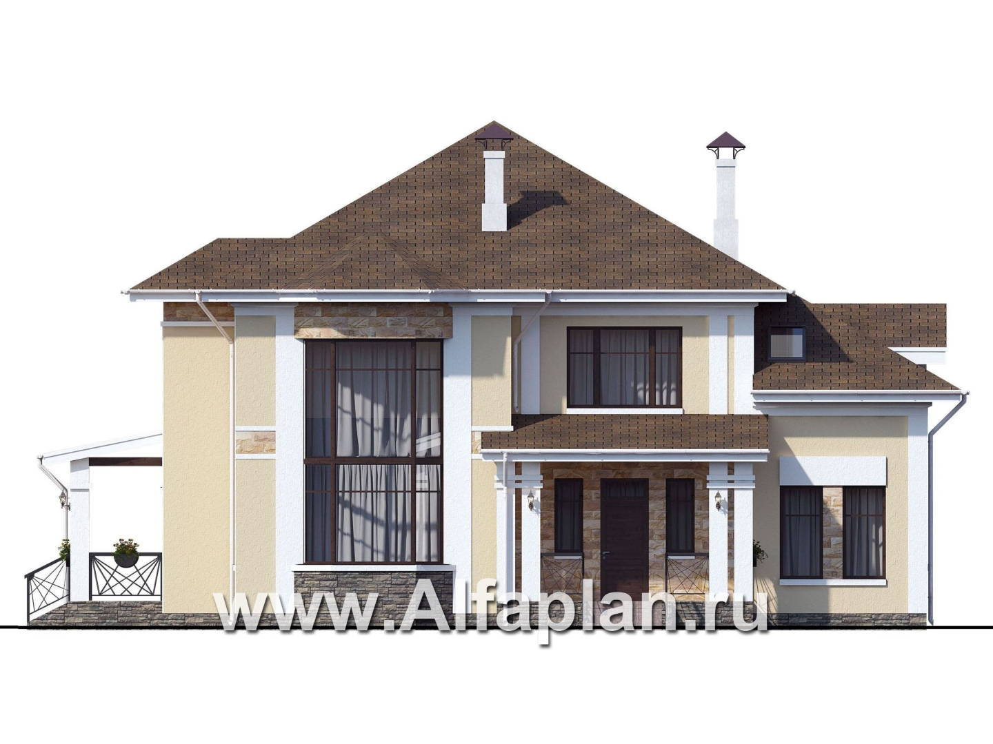 «Петергоф» - проект двухэтажного дома, планировка с эркером в двусветной гостиной, с террасой - фасад дома