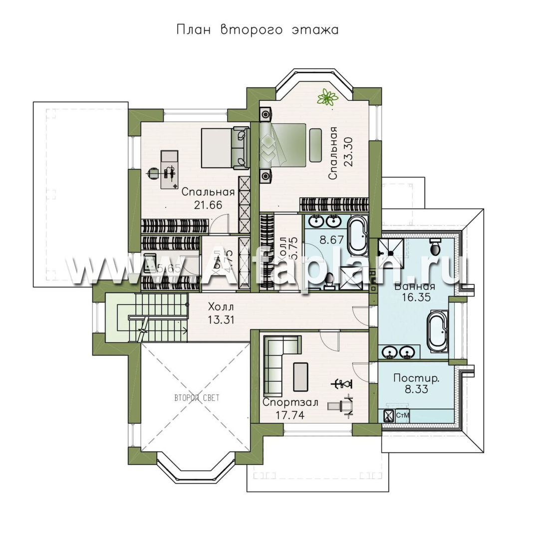 «Петергоф» - проект двухэтажного дома, планировка с эркером в двусветной гостиной, с террасой - план дома