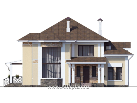 «Петергоф» - проект двухэтажного дома, планировка с эркером в двусветной гостиной, с террасой - превью фасада дома