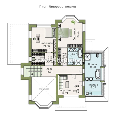 «Петергоф» - проект двухэтажного дома, планировка с эркером в двусветной гостиной, с террасой - превью план дома