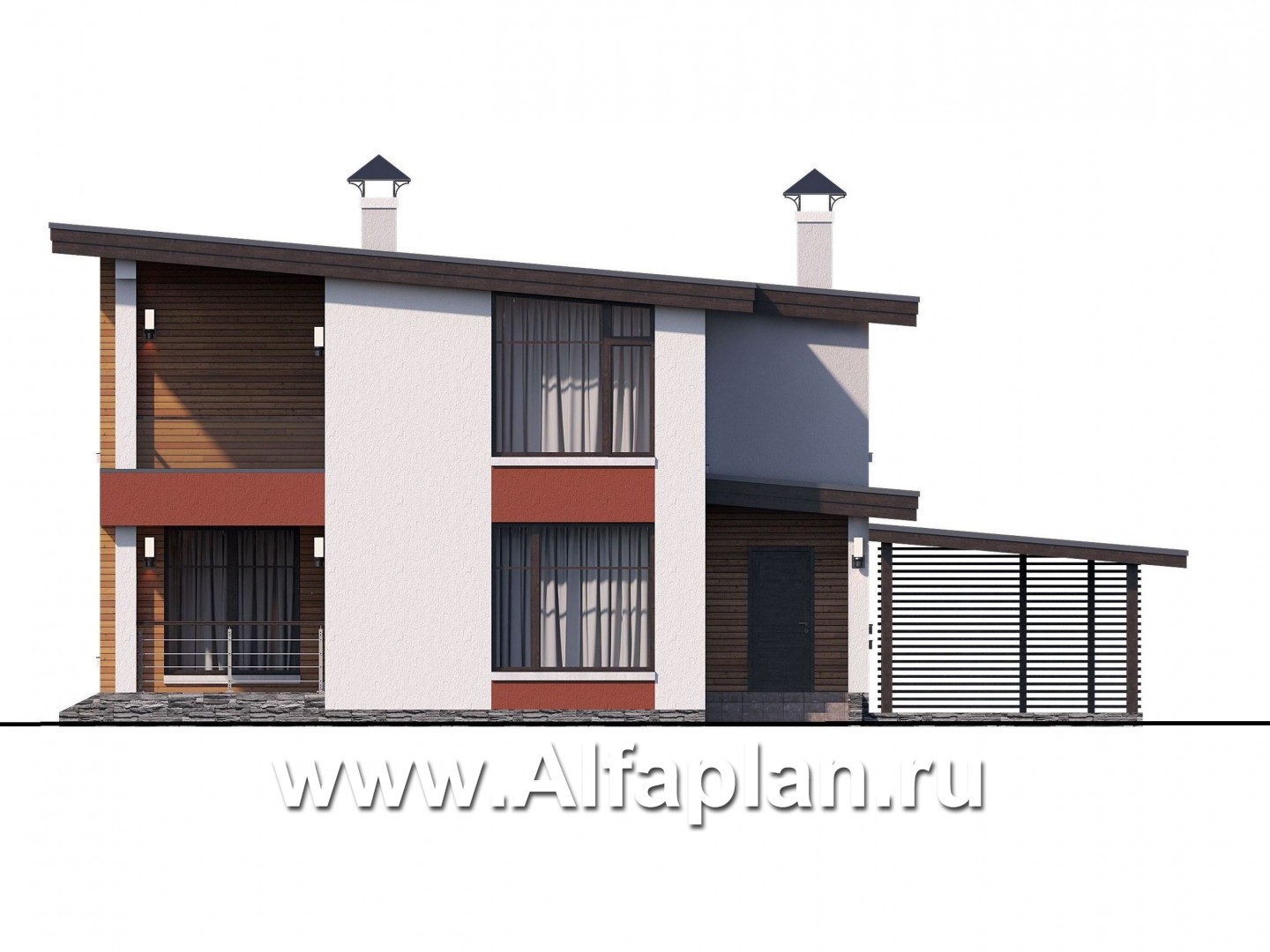 «Фабула» - проект двухэтажного дома с террасой и балконом, с навесом на 1 авто, в скандинавском стиле - фасад дома