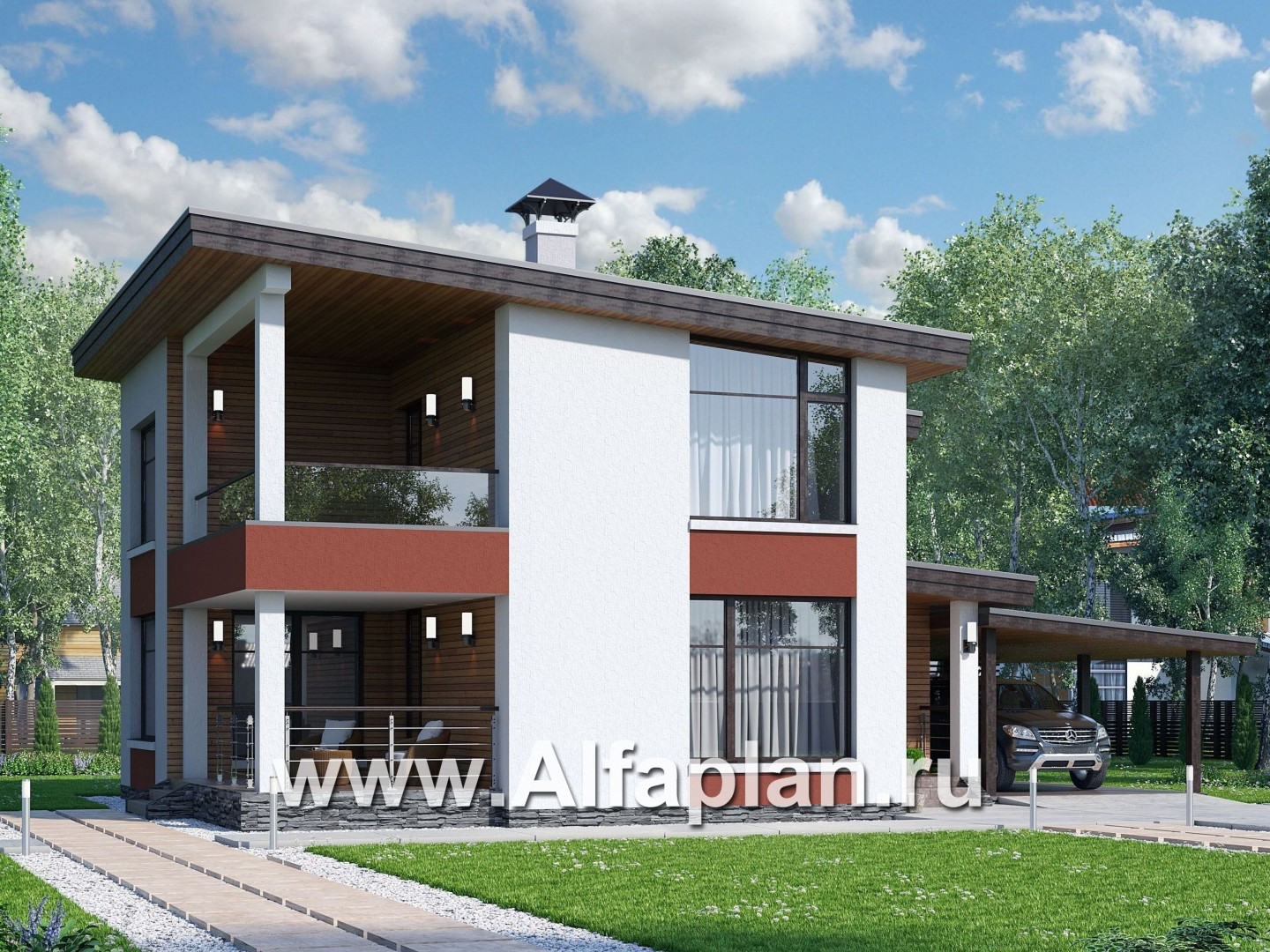 «Фабула» - проект двухэтажного дома с террасой и балконом, с навесом на 1 авто, в скандинавском стиле - основное изображение