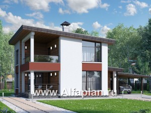 Превью проекта ««Фабула» - проект двухэтажного дома с террасой и балконом, с навесом на 1 авто, в скандинавском стиле»